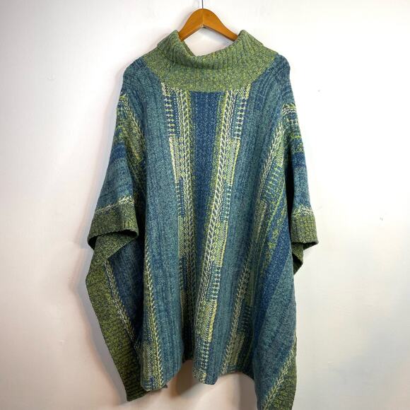 J Jill Cotton Wool Fair Isle Nordic Classic Poncho Sweater Blue Green One Size - Picture 8 of 10